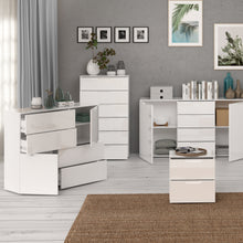 Load image into Gallery viewer, Sienna Chest of 6 Drawers in White/White High Gloss Furniture To Go 801snnk411-v29 5904767147839 The Sienna collection, a mesmerising fusion of white high gloss living and bedroom furniture that embodies the essence of modern sophistication. With its contemporary allure, the Sienna collection effortlessly complements any room decor, making it a versatile and stylish choice for your home. Dimensions: 1201mm x 702mm x 344mm (Height x Width x Depth) 
 Modern, sleek design 
 White gloss finish 
 6 drawers 
 Cut