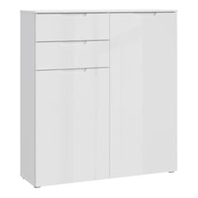 Load image into Gallery viewer, Sienna Chest of Drawers in White/White High Gloss Furniture To Go 801snnk421-v29 5904767147846 The Sienna collection, a mesmerising fusion of white high gloss living and bedroom furniture that embodies the essence of modern sophistication. With its contemporary allure, the Sienna collection effortlessly complements any room decor, making it a versatile and stylish choice for your home. Dimensions: 1201mm x 1101mm x 344mm (Height x Width x Depth) 
 Modern, sleek design 
 White gloss finish 
 2 doors 
 2 draw