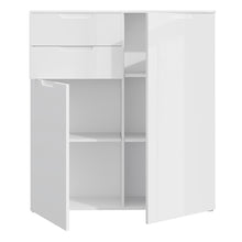Load image into Gallery viewer, Sienna Chest of Drawers in White/White High Gloss Furniture To Go 801snnk421-v29 5904767147846 The Sienna collection, a mesmerising fusion of white high gloss living and bedroom furniture that embodies the essence of modern sophistication. With its contemporary allure, the Sienna collection effortlessly complements any room decor, making it a versatile and stylish choice for your home. Dimensions: 1201mm x 1101mm x 344mm (Height x Width x Depth) 
 Modern, sleek design 
 White gloss finish 
 2 doors 
 2 draw