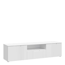 Load image into Gallery viewer, Sienna TV Unit in White/White High Gloss Furniture To Go 801snnt131-v29 5904767155568 The Sienna collection, a mesmerising fusion of white high gloss living and bedroom furniture that embodies the essence of modern sophistication. With its contemporary allure, the Sienna collection effortlessly complements any room decor, making it a versatile and stylish choice for your home. Dimensions: 433mm x 1698mm x 416mm (Height x Width x Depth) 
 Modern, sleek design 
 White gloss finish 
 2 doors 
 1 drawer 
 Cut-o