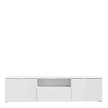 Load image into Gallery viewer, Sienna TV Unit in White/White High Gloss Furniture To Go 801snnt131-v29 5904767155568 The Sienna collection, a mesmerising fusion of white high gloss living and bedroom furniture that embodies the essence of modern sophistication. With its contemporary allure, the Sienna collection effortlessly complements any room decor, making it a versatile and stylish choice for your home. Dimensions: 433mm x 1698mm x 416mm (Height x Width x Depth) 
 Modern, sleek design 
 White gloss finish 
 2 doors 
 1 drawer 
 Cut-o