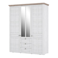 Load image into Gallery viewer, Illopa Iloppa 3 Door Wardrobe in Snowy Oak/Oak Nelson Furniture To Go 801tiqs833s1-j99 5904767878542 Enhance the ambiance of your home with the exquisite Illopa collection, a seamless fit for any living space. Its most outstanding feature lies in the array of shapes it offers, granting you the freedom to artistically arrange every room in your house, from the inviting hall to the cozy living room. The captivating combination of beautiful white and oak imbues your home with a sense of tranquility, fostering 