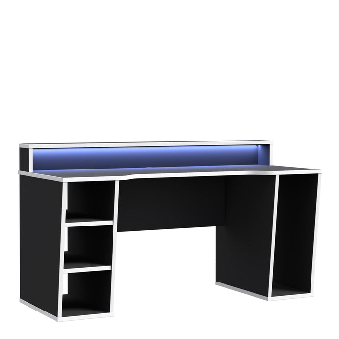 Tezaur Gaming Desk with LED in Black/White in White/Black Furniture To Go 801tzrb211b3-m240 5904767837761 Bold, stylish, and designed to cater to every gaming enthusiast's dream, the Tezaur is more than just a desk; it's an experience. Crafted with precision and attention to detail, this masterpiece is the perfect companion for your customers gaming consoles, elevating their setup to new heights. And let's talk about lighting - the Tezaur takes it to the next level. Embedded with built-in strip lights, this