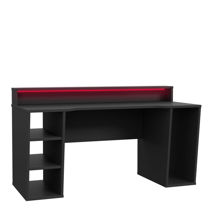Tezaur Gaming Desk 2 Shelves with LED in Matt Black Furniture To Go 801tzrb211b3-z113 5904767892814 Bold, stylish, and designed to cater to every gaming enthusiast's dream, the Tezaur is more than just a desk; it's an experience. Crafted with precision and attention to detail, this masterpiece is the perfect companion for your customers gaming consoles, elevating their setup to new heights. And let's talk about lighting - the Tezaur takes it to the next level. Embedded with built-in strip lights, this desk 