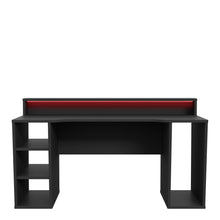 Load image into Gallery viewer, Tezaur Gaming Desk 2 Shelves with LED in Matt Black Furniture To Go 801tzrb211b3-z113 5904767892814 Bold, stylish, and designed to cater to every gaming enthusiast&#39;s dream, the Tezaur is more than just a desk; it&#39;s an experience. Crafted with precision and attention to detail, this masterpiece is the perfect companion for your customers gaming consoles, elevating their setup to new heights. And let&#39;s talk about lighting - the Tezaur takes it to the next level. Embedded with built-in strip lights, this desk 