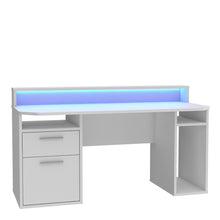 Load image into Gallery viewer, Tezaur Gaming Desk with Blue LED in White Furniture To Go 801tzrb213b3-z12m 5904767899806 Bold, stylish, and designed to cater to every gaming enthusiast&#39;s dream, the Tezaur is more than just a desk; it&#39;s an experience. Crafted with precision and attention to detail, this masterpiece is the perfect companion for your customers gaming consoles, elevating their setup to new heights. And let&#39;s talk about lighting - the Tezaur takes it to the next level. Embedded with built-in strip lights, this desk will trans
