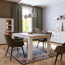 Load image into Gallery viewer, Bohol Extending Dining Table in Riviera Oak/White Furniture To Go 801xelt161-m482 5904767840624 The Bohol collection draws inspiration from its timeless charm and rustic style, embracing its simplicity and natural elegance. What truly sets this collection apart from others is its exquisite decor - featuring three colourways with an Oak finish. The subtle elegance of the light Riviera Oak contributes by adding a focal point to each piece. This extending dining table is perfect for extending when you have fam