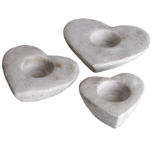 Load image into Gallery viewer, Set Of Three Heart Tea Light Holders in CREAM Hill Interiors 9066 5050140906606 Dimensions: 35cm x 16cm x 5cm Weight: 1.5kg Volume: 0.05CBM Set of three of stone effect heart shaped tea light holders with antiqued finish.