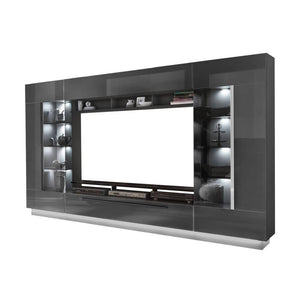 Denira VA03 Entertainment Media Wall Unit Arte-N A4DEQQVA03 Denira is an entertainment unit that follows the spirit of artistry modernism with its neat design gorgeous high-gloss graphite body. It is the perfect zone for watching TV with friends or enjoying some quiet time reading. You can divide your media components at the base zone, organize your CDs DVDs in one of the side cabinets, keep your favourite picture frames on display in another, use the top zone to store books or other items. Full W275cm x H1