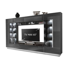 Load image into Gallery viewer, Denira VA03 Entertainment Media Wall Unit Arte-N A4DEQQVA03 Denira is an entertainment unit that follows the spirit of artistry modernism with its neat design gorgeous high-gloss graphite body. It is the perfect zone for watching TV with friends or enjoying some quiet time reading. You can divide your media components at the base zone, organize your CDs DVDs in one of the side cabinets, keep your favourite picture frames on display in another, use the top zone to store books or other items. Full W275cm x H1