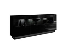Load image into Gallery viewer, Nata 84 Display Sideboard Cabinet Arte-N A4NASS084 Sleek ultra-modern, this sideboard cabinet with three partially-glassed hinged doors is a gorgeous addition to any room. Its interior can be upgraded with optional LED lights to put a spotlight on exhibited items. Full W160cm x H85cm x D43cm Colours Front: Black High Gloss Carcass: Black Matt Three Partially glassed Doors LED Lighting - Optional Made from 16mm high-quality laminated board Matching Wall Unit Available Assembly Required Weight: 68kg Estimated