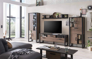 Nordi VA Living Room Set Arte-N A4NRSKVA An exquisitely-designed living room furniture set with all the essentials for a modern home. The chic wall shelf provides ample storage space, while the TV cabinet, the two tall multi-purpose cabinets look equally sleek whether sting alone or grouped together. Finished in a stunning combination of Okapi Walnut decor black matt colour, this living room furniture set instantly adds a touch of elegance to any home. W360cm x H200cm x D43cm Colour: Okapi Walnut Black Matt