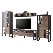 Load image into Gallery viewer, Nordi VA Living Room Set Arte-N A4NRSKVA An exquisitely-designed living room furniture set with all the essentials for a modern home. The chic wall shelf provides ample storage space, while the TV cabinet, the two tall multi-purpose cabinets look equally sleek whether sting alone or grouped together. Finished in a stunning combination of Okapi Walnut decor black matt colour, this living room furniture set instantly adds a touch of elegance to any home. W360cm x H200cm x D43cm Colour: Okapi Walnut Black Matt