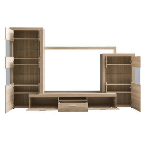 Espree 01 Entertainment Media Wall Unit Arte-N A9EPAAVA01 A spacious functional entertainment unit that looks great in both traditional modern décors. The Espree 01 features two large display cabinets with glass shelves LED lights, a broad wall shelf that joins them together a big TV st that can accommodate screens up to 65 inches wide. With all of its drawers compartmental space provided, ample room is available to comfortably organize living room essentials, decoration pieces electronic accessories. Full 