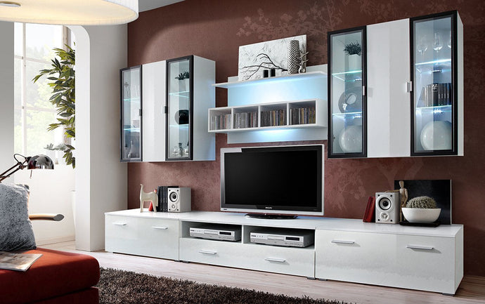 Quadro Gloss Entertainment Media Wall Unit Arte-N 20 WS QU An ultra-modern, extremely spacious all-in-one entertainment unit that is capable of accommodating all your electronic equipment, media accessories, books, CDs/DVDs gaming consoles. Combines multi-functionality with aesthetics storage space to provide you with the ultimate living room storage solution.   Whole Unit: W300cm x H190cm x D45cm TV Cabinet with Pull-Down Door x 2: W90cm x H35cm x D45cm TV Cabinet with Drawer: W120cm x H35cm x D45cm Hangin