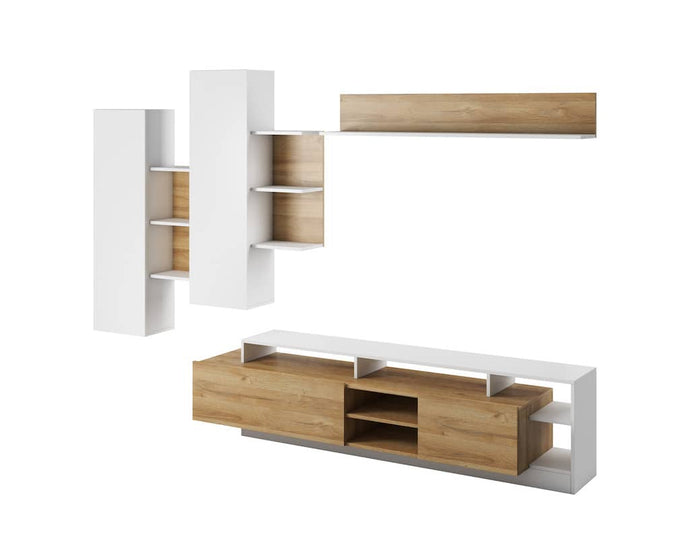 Alva Entertainment Media Wall Unit Arte-N ALVA-01-OGWM W260cm x H172cm x D44cm Hanging Bookcase: W65cm x H120cm x D27cm Shelf: W130cm x H20cm x D18cm TV Cabinet: W190cm x H48cm x D44cm Colour: Oak Grson White Oak Gold Craft Black Two Hinged Doors Twelve Shelves Two-Pull Down Doors Optional LED Lighting [Purchased Separately] ABS Edging Matching Furniture Available Made from 16mm high-quality laminated board Assembly Required Weight: 87kg Estimated Direct Home Delivery Time: 3-4 Weeks *Fixings for wall mount