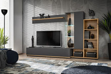 Load image into Gallery viewer, Silk II Entertainment Media Wall Unit Arte-N ANWT SK2 W240cm x H145cm x D40cm Colour: Anthracite Oak Wotan One Hinged Door Push-To-Open System One Pull-Down Door Eight Shelves LED Lighting Included PVC Fronts Matching Furniture Available Made from 16mm high-quality laminated board Assembly Required Weight: 85kg Estimated Direct Home Delivery Time: 3-5 Weeks Fixings for wall mounting are not provided as specific ones will be required for your type of wall