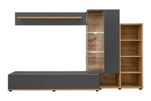 Load image into Gallery viewer, Silk II Entertainment Media Wall Unit Arte-N ANWT SK2 W240cm x H145cm x D40cm Colour: Anthracite Oak Wotan One Hinged Door Push-To-Open System One Pull-Down Door Eight Shelves LED Lighting Included PVC Fronts Matching Furniture Available Made from 16mm high-quality laminated board Assembly Required Weight: 85kg Estimated Direct Home Delivery Time: 3-5 Weeks Fixings for wall mounting are not provided as specific ones will be required for your type of wall