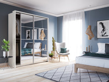 Load image into Gallery viewer, Arti AR-17 Sliding Door Wardrobe 180cm Arte-N ARTI AR-17-S A robust, two-door wardrobe with mirrored fronts compatibility with LED lights. The AR-17 has an optimized inside-layout with three hanging rails six compartments. The wardrobe is available in three different neutral colours – timeless white, graceful grey classy oak. : W180cm x H218cm x D57cm  Two Sliding Doors Mirror Three Hanging Rails  Five Shelves Optional LED Lighting Available  Made from 16mm high-quality laminated board Weight: 207kg Estimat