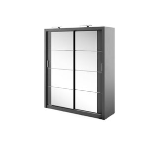 Arti AR-03 Sliding Door Wardrobe 181cm Arte-N ARTI AR-03-B A modestly-sized wardrobe with two mirrored hinged doors, decorative linings that mark the front elegant silver hles. The AR-03 is available in different colour variants – black, grey, oak white. Compatible with LED lights (not included in the purchase). Storage options include three removable shelves two large compartments.  : W181cm x H215cm x D60cm Two Sliding Doors Mirrors Two Hanging Rails Five Shelves Adjustable Interior Optional LED Lighting 