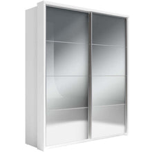 Load image into Gallery viewer, Arti AR-17 Sliding Door Wardrobe 180cm Arte-N ARTI AR-17-S A robust, two-door wardrobe with mirrored fronts compatibility with LED lights. The AR-17 has an optimized inside-layout with three hanging rails six compartments. The wardrobe is available in three different neutral colours – timeless white, graceful grey classy oak. : W180cm x H218cm x D57cm  Two Sliding Doors Mirror Three Hanging Rails  Five Shelves Optional LED Lighting Available  Made from 16mm high-quality laminated board Weight: 207kg Estimat