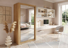 Load image into Gallery viewer, Arti 19 - 2 Sliding Door Wardrobe 120cm Arte-N ARTI AR-19-G Slender lofty, the Arti 19 is aesthetically finished with mirrored fronts black hles on sliding doors. The wardrobe is featured in two colour variants – grey or white. The inside-layout can be personalized with three removable shelves, two hanging rails a pair of large compartments. Compatible with LED lights. W120cm x H215cm x D60cm Colours: Grey Matt White Matt Oak Shetl Two Sliding Doors Mirrors Self-customised inside layout Powered LED lighting