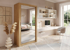 Arti 19 - 2 Sliding Door Wardrobe 120cm Arte-N ARTI AR-19-G Slender lofty, the Arti 19 is aesthetically finished with mirrored fronts black hles on sliding doors. The wardrobe is featured in two colour variants – grey or white. The inside-layout can be personalized with three removable shelves, two hanging rails a pair of large compartments. Compatible with LED lights. W120cm x H215cm x D60cm Colours: Grey Matt White Matt Oak Shetl Two Sliding Doors Mirrors Self-customised inside layout Powered LED lighting