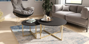 Pula Coffee Table 80cm Arte-N PL-04-GNT W80cm x H39cm x D80cm Colour: Navy Black Portl Ash Weight: 11kg Gold Metal Legs Hles Matching Furniture Available  Made from 16mm high-quality laminated board Assembly Required Estimated Direct Home Delivery Time: 3 - 4 Weeks