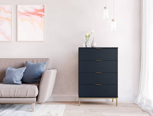 Pula Chest Of Drawers 70cm Arte-N PL-02-GNT W70cm x H104cm x D41cm Colour: Navy Black Portl Ash Four Drawers Gold Metal Legs Hles Weight: 41kg Matching Furniture Available Made from 16mm high-quality laminated board Assembly Required Estimated Direct Home Delivery Time: 3 - 4 Weeks