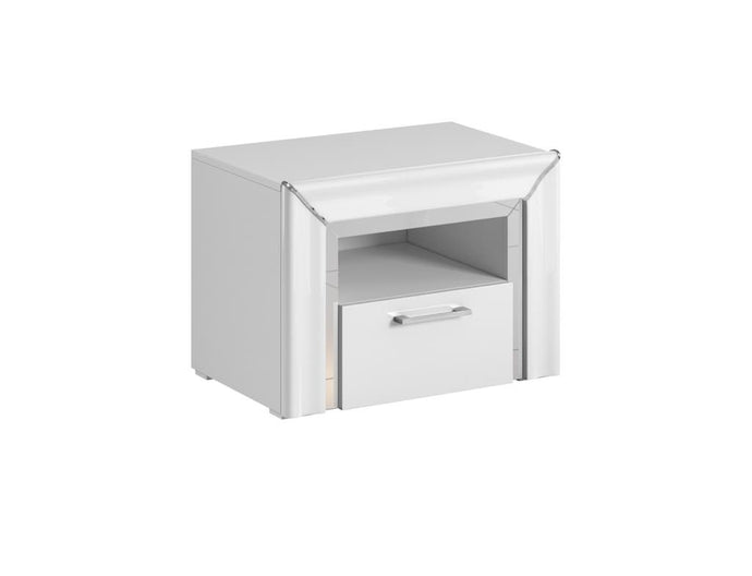 Arno Bedside Cabinet 60cm Arte-N 24W0LF22 W60cm x H40cm x D44cm Colour: White Silver Trimming Black Gold Trimming One Drawer One Open Compartment Metal Hle Weight: 21kg Matching Furniture Available Made from 16mm high-quality laminated board Assembly Required Estimated Direct Home Delivery Time: 4-6 Weeks