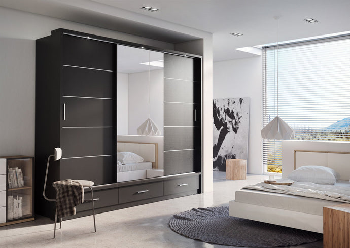 Arti AR-01 Sliding Door Wardrobe 250cm Arte-N ARTI AR-01-B A three-door modern wardrobe made from high-quality laminated board available in black, grey white finishes. The AR-01 is equipped with small LED lights, thin silver hles a large mirror at front serving as a dressing support. Storage options include three drawers, two identical hanging spaces six convenient removable shelves. : W250cm x H215cm x D63cm Three Sliding Doors Mirror Three Drawers Six Shelves Two Hanging Rails [Additional Available To Pur