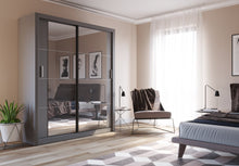 Load image into Gallery viewer, Arti AR-03 Sliding Door Wardrobe 181cm Arte-N ARTI AR-03-B A modestly-sized wardrobe with two mirrored hinged doors, decorative linings that mark the front elegant silver hles. The AR-03 is available in different colour variants – black, grey, oak white. Compatible with LED lights (not included in the purchase). Storage options include three removable shelves two large compartments.  : W181cm x H215cm x D60cm Two Sliding Doors Mirrors Two Hanging Rails Five Shelves Adjustable Interior Optional LED Lighting 