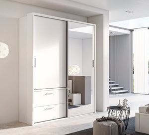 Arti 22 - 2 Sliding Door Wardrobe with Drawers 180cm Arte-N ARTI AR-22-OA Sturdy versatile, the Arti 22 is made from high-quality laminated board for resistance against scratches blunt damage. There are two sliding doors, one completely mirrored, a pair of drawers a segregated inside-layout for maximum utilization of space. This website is ideal for minimalist modern interiors or traditional, rustic-style homes.  W180cm x H216cm x D57cm Colour: Oak Artisan White Matt Two Sliding Doors Mirrors Two Drawers Tw