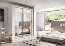 Load image into Gallery viewer, Arti AR-03 Sliding Door Wardrobe 181cm Arte-N ARTI AR-03-B A modestly-sized wardrobe with two mirrored hinged doors, decorative linings that mark the front elegant silver hles. The AR-03 is available in different colour variants – black, grey, oak white. Compatible with LED lights (not included in the purchase). Storage options include three removable shelves two large compartments.  : W181cm x H215cm x D60cm Two Sliding Doors Mirrors Two Hanging Rails Five Shelves Adjustable Interior Optional LED Lighting 