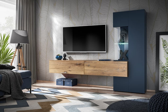 Marino Entertainment Media Wall Unit Arte-N BFS MR W210cm x H162cm x D40cm Colour: Navy Oak Flagstaff One Hinged Door Push-To-Open System Five Shelves [One Glass] Four Closed Compartments LED Lighting Included Made from 16mm high-quality laminated board Assembly Required Weight: 72kg Estimated Direct Home Delivery Time: 3-5 Weeks Fixings for wall mounting are not provided as specific ones will be required for your type of wall
