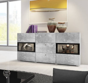 Baros 26 - Sideboard Cabinet Arte-N 24O1BM26 Made from the finest materials with stunning features, this sideboard cabinet from the Baros collection is a glamorously designed furniture for those who value aesthetics. It boasts two partially-glazed hinged doors a trio of drawers, providing display space for prized possessions concealed space for essentials mundane items. Thanks to its elegant design, this sideboard will effortlessly enrich your interior. W132cm x H70cm x D39cm Colour: Concrete Grey Oak San R