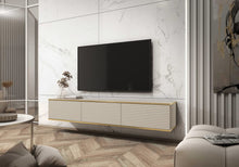 Load image into Gallery viewer, Moro Floating TV Cabinet 175cm Arte-N ORO-MDF-RTV175-WM W175cm x H30cm x D32cm Colour: White Beige Grey Black Three Hinged Doors Push-To-Open System ABS Edging Rippled MDF Fronts Made from 16mm high-quality laminated board Assembly Required Weight: 24kg Estimated Direct Home Delivery Time: 2-4 Weeks Fixings for wall mounting are not included as specific ones will be required for your type of wall
