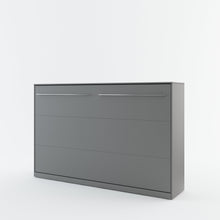 Load image into Gallery viewer, CP-05 Horizontal Wall Bed Concept 120cm Arte-N CONCEPT CP-05 G The medium-sized CP-05 has two long hles at the front for easier hling a self-holding feature for safety. It is equipped with a locking system to keep the bed secure within its cabinet comes packed with a pair of duvet straps so the user no longer needs to worry about an unmade bed. Its carcass is a solid, 22mm laminated board whilst the colour options include white matt, white gloss or grey matt. W215cm x H139cm x D46cm when folded D157cm when 