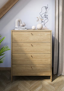 Cozy Chest Of Drawers 92cm Arte-N COZY CZ-03 W92cm x H116cm x D40cm Colour: Oiled Oak Four Drawers Weight: 50kg Matching Furniture Available  Made from 16mm high-quality laminated board Assembly Required Estimated Direct Home Delivery Time: 3 - 4 Weeks
