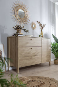 Cozy Chest Of Drawers 136cm Arte-N COZY CZ-04 W136cm x H91cm x D45cm Colour: Oiled Oak Three Drawers One Hinged Door One Shelf Weight: 54kg Matching Furniture Available  Made from 16mm high-quality laminated board Assembly Required Estimated Direct Home Delivery Time: 3 - 4 Weeks