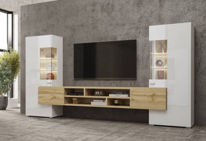 Coby 10 Entertainment Media Wall Unit Arte-N 247JMB10 W270cm x H143cm x D45cm Colour: Oak Wotan White Gloss [Matt Carcass] Oak Monastery Black Oak Wotan Black Four-Hinged Doors [Two Partially Glassed] Four Shelves Six Closed Compartments Four Open Compartments Cable Management System Optional LED Lighting [Purchased Separately] Matching Furniture Available Made from 16mm high-quality laminated board Assembly Required Weight: 116kg Estimated Direct Home Delivery Time: 4-6 Weeks *Fixings for wall mounting are