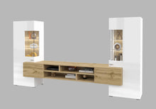 Load image into Gallery viewer, Coby 10 Entertainment Media Wall Unit Arte-N 247JMB10 W270cm x H143cm x D45cm Colour: Oak Wotan White Gloss [Matt Carcass] Oak Monastery Black Oak Wotan Black Four-Hinged Doors [Two Partially Glassed] Four Shelves Six Closed Compartments Four Open Compartments Cable Management System Optional LED Lighting [Purchased Separately] Matching Furniture Available Made from 16mm high-quality laminated board Assembly Required Weight: 116kg Estimated Direct Home Delivery Time: 4-6 Weeks *Fixings for wall mounting are
