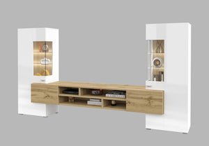 Coby 10 Entertainment Media Wall Unit Arte-N 247JMB10 W270cm x H143cm x D45cm Colour: Oak Wotan White Gloss [Matt Carcass] Oak Monastery Black Oak Wotan Black Four-Hinged Doors [Two Partially Glassed] Four Shelves Six Closed Compartments Four Open Compartments Cable Management System Optional LED Lighting [Purchased Separately] Matching Furniture Available Made from 16mm high-quality laminated board Assembly Required Weight: 116kg Estimated Direct Home Delivery Time: 4-6 Weeks *Fixings for wall mounting are