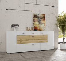 Load image into Gallery viewer, Coby 26 Sideboard Cabinet 165cm Arte-N 247JMB26 W165cm x H71cm x D40cm Colour: Oak Wotan White Gloss [Matt Carcass] Oak Monastery Black Oak Wotan Black Two Hinged Doors Two Drawers Pull-Down Door Matching Furniture Available Made from 16mm high-quality laminated board Assembly Required Weight: 55kg Estimated Direct Home Delivery Time: 4-6 Weeks