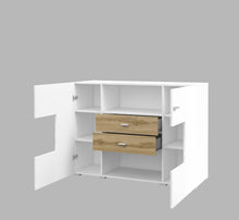 Load image into Gallery viewer, Coby 43 Sideboard Cabinet 122cm Arte-N 247JMB43 W122cm x H89cm x D40cm Colour: Oak Wotan White Gloss [Matt Carcass] Oak Monastery Black Oak Wotan Black Two Hinged Doors Two Drawers Four Shelves Matching Furniture Available Made from 16mm high-quality laminated board Assembly Required Weight: 52kg Estimated Direct Home Delivery Time: 4-6 Weeks