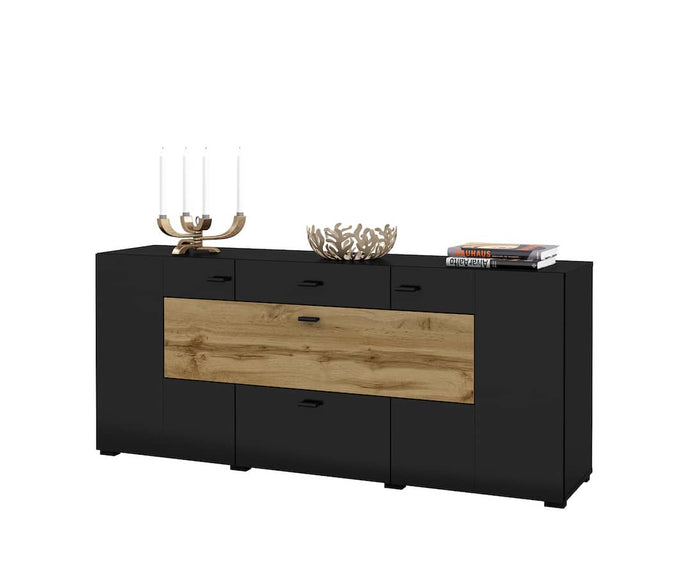 Coby 26 Sideboard Cabinet 165cm Arte-N 247JMB26 W165cm x H71cm x D40cm Colour: Oak Wotan White Gloss [Matt Carcass] Oak Monastery Black Oak Wotan Black Two Hinged Doors Two Drawers Pull-Down Door Matching Furniture Available Made from 16mm high-quality laminated board Assembly Required Weight: 55kg Estimated Direct Home Delivery Time: 4-6 Weeks