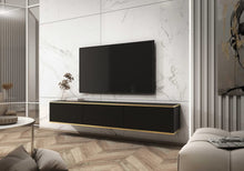 Load image into Gallery viewer, Moro Floating TV Cabinet 175cm Arte-N ORO-MDF-RTV175-WM W175cm x H30cm x D32cm Colour: White Beige Grey Black Three Hinged Doors Push-To-Open System ABS Edging Rippled MDF Fronts Made from 16mm high-quality laminated board Assembly Required Weight: 24kg Estimated Direct Home Delivery Time: 2-4 Weeks Fixings for wall mounting are not included as specific ones will be required for your type of wall