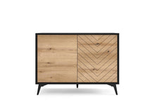 Load image into Gallery viewer, Diamond Sideboard Cabinet 104cm Arte-N DIAMOND-K104-OEB The Diamond sideboard cabinet is a modern, elegant exquisitely designed piece that can add a touch of sophistication to your dining area. Its timeless design features two hinged doors with four closed compartments for storing utensils crockery in an organized manner. It is finished in an eye-catching combination of Oak Evoke black matt that gives it a modern look, complemented by metal legs. W104cm x H77cm x D39cm Colour: Front: Oak Evoke Carcass: Blac