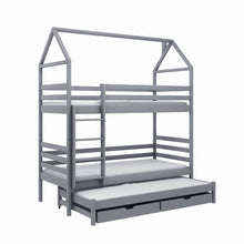Load image into Gallery viewer, Dalia Bunk Bed with Trundle Storage Arte-N BUNK-DALIA-GREY-R-NM W198cm x H217cm x D98cm The gaps between safety guard panels are 6.5cm wide Distance between beds - 75cm Storage drawers height: Fronts - H11.5cm Sides back H9cm Ladder: Width - 40.5cm Distance between the ladder steps - 20.5cm Universal Ladder Placement - it can be assembled on either side The safety guards are not removable These beds can be taken apart used as three separate beds Made of solid pine wood The slatted bed base is included - mad