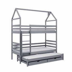 Dalia Bunk Bed with Trundle Storage Arte-N BUNK-DALIA-GREY-R-NM W198cm x H217cm x D98cm The gaps between safety guard panels are 6.5cm wide Distance between beds - 75cm Storage drawers height: Fronts - H11.5cm Sides back H9cm Ladder: Width - 40.5cm Distance between the ladder steps - 20.5cm Universal Ladder Placement - it can be assembled on either side The safety guards are not removable These beds can be taken apart used as three separate beds Made of solid pine wood The slatted bed base is included - mad